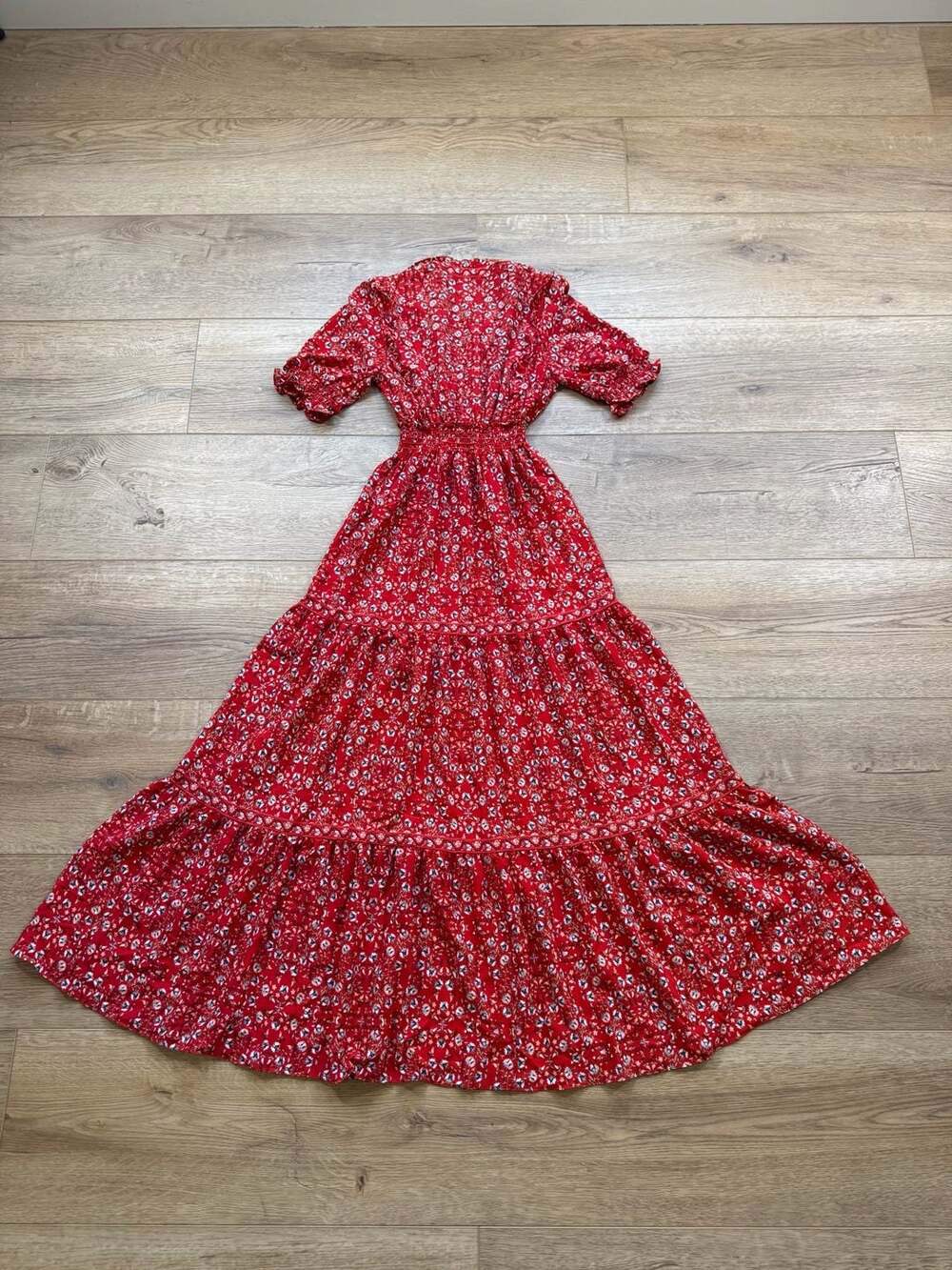 Max Studio Red Floral Tiered Maxi Dress Smocked Waist Boho Cottagecore S - Picture 12 of 14